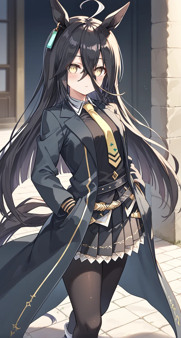 score_9,score_8_up,score_7_up,
official art,official style,game cg,megami magazine,
1girl,
mht race,manhattan cafe (umamusume),
ahoge,animal ears,black gloves,black hair,black jacket,black skirt,
collared shirt,earrings,gloves,hair between eyes,horse ears,horse girl,
jacket,jewelry,long hair,long sleeves,multicolored hair,necktie,shirt,
single earring,skirt,yellow eyes,black coat,black pantyhose,black shirt,
coat,highres,pantyhose,white footwear,yellow necktie,pleated skirt,horse tail,
tail,very long hair,blush,eyes visible through hair,long hair between eyes,eyebrows visible through hair,
standing,
<lora:umamusume_manhattan_cafe_pony_v1:1>,