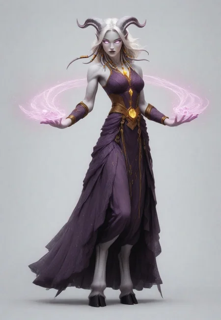 (absurdres, highres, best quality, masterpiece:1.4), 
score_9, score_8_up, score_7_up, score_6_up, 
detailed, 
detailed body, 
detailed face, 

(culDraenei, 
female, 
purple eyes, 
no sclera, 
no pupils, 
athletic, 
tall, 
slim, 
pale skin,
grey skin, 
long ears),

loose long purple dress,  
yellow pendant, 
sleeveless, 
magical spell, green aura, 

cheerful, 
(((full body))), 
posing, 
floating, 

(((white background, plain background))), 
(((no objects in background)))