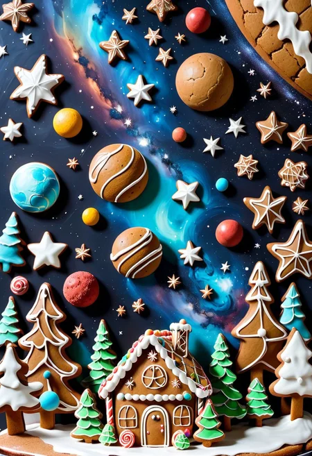 highly detailed outer space, the universe, the planets, the stars, the majesty, gingerbread, icing, candy, art, masterpiece, edible