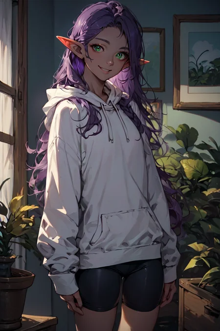 score_9, score_8_up, score_7_up, rating_safe, elf, pointy ears, purple hair, long hair, green eyes, white hoodie, bike shorts, smile, 1girl, solo, looking at viewer, cowboy shot, standing, indoors, living room <lora:MatureMaleMix v1.4 Dark Style LoRA_Pony XL v6:1>