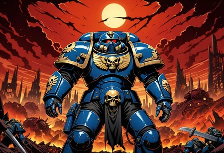 An intricately detailed 4K screencap from a high-budget modern anime production, with clean professional linework and vibrant colors. It depicts a 1man wielding a chainsword, chainsawblade, on a blasted hellscape, dilapidated ruined city, red skies, wearing a suit of sleek, shiny, gold and blue advanced power armor. warhammer40k, space marine, grimdark, symmetrucal goggles, symmetrical viser, symmetrical helmet, symmetrical armor, forces of chaos, khorn