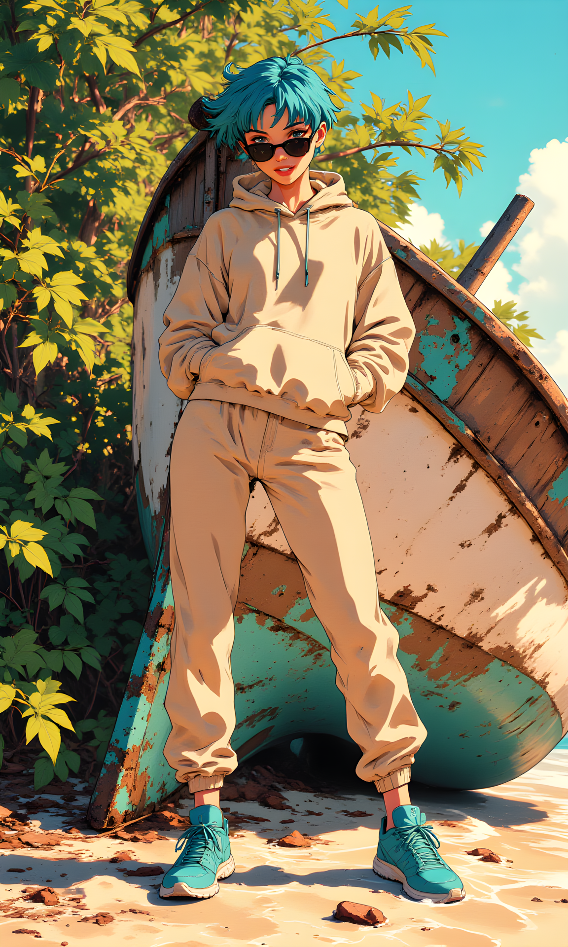A 25-year-old Caucasian woman stands confidently on a sun-kissed beach, surrounded by lush green foliage and the worn wooden hull of an overturned boat, its peeling paint a testament to the relentless pounding of the sea. She's dressed in a beige hoodie with blue highlights that dance across the fabric, catching the soft, golden light that bathes the scene. Her black sunglasses, perched atop a petite nose, add a touch of mystery, while her bright blue sneakers, with their textured soles, seem to be sinking into the warm beach sand. The woman's stance is assertive, her hands on hips, as she gazes directly into the camera lens with a sardonic laugh, her head tilted to one side and her eyes narrowed, sparkling like rubies in the sunlight. Shot from a slight high angle, the perspective is direct, yet the soft, pastel color scheme and gentle gradients imbue the scene with a dreamy quality, reminiscent of a Wes Anderson film. The lighting setup features a rim light that accentuates the subject's contours, while iridescent accents add a touch of magic to the atmosphere. The overall mood is whimsical and playful, with the warm glow of the setting sun casting a sense of serenity over the scene. The film grain is subtle, with a slight texture that adds depth and tactility to the image, while the color grading is muted, with a focus on soft pinks and blues that evoke a sense of nostalgia. As the woman's gaze meets the camera, her smile seems to falter for a moment, and her eyes glint with a hint of mischief, as if she's sharing a secret with the viewer alone.
j_art, anime, anime art, <lora:FLUX\jul\J_Anime:0.7>, <lora:FLUX\RealAnime:0.7>