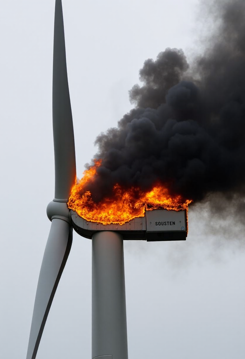 Wind turbine on fire, flames engulfing the nacelle, emitting thick black smoke against a backdrop of overcast sky, stark contrast between white turbine blades and dark smoke, clear focus, detailed capture of fire and smoke textures, wide angle lens, amateurish quality., 