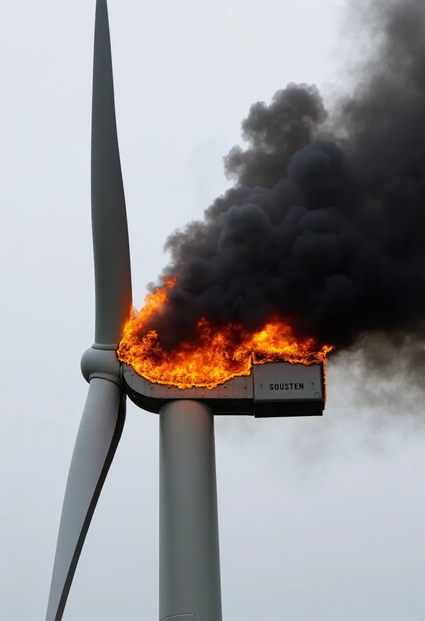 Wind turbine on fire, flames engulfing the nacelle, emitting thick black smoke against a backdrop of overcast sky, stark contrast between white turbine blades and dark smoke, clear focus, detailed capture of fire and smoke textures, wide angle lens, amateurish quality.,