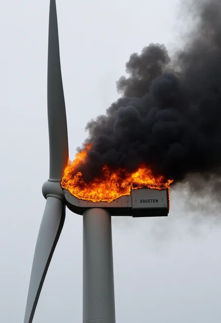 Wind turbine on fire, flames engulfing the nacelle, emitting thick black smoke against a backdrop of overcast sky, stark contrast between white turbine blades and dark smoke, clear focus, detailed capture of fire and smoke textures, wide angle lens, amateurish quality., 