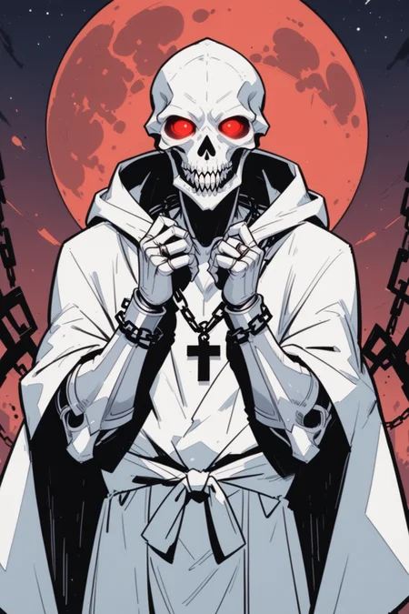 glowing, hood, jewelry, skull, glowing eyes, solo, necklace, 1boy, hood up, moon, robe, cross, male focus, red eyes, white robe, skeleton, ring, looking at viewer, full moon, cloak, upper body, bracelet, hooded robe, hooded cloak, mask, star \(symbol\), cross necklace, silver gauntlets, skull mask, white cloak, hands up, chain, multiple rings, straight-on, undead, teeth, silver , armor, artist name, commix style <lora:COMMIX LORA for AutismMix SDXL_epoch_15:1> , red moon, <lora:Expressive_H:0.5>, score_9, score_8_up, score_8_up, a_Comic_Illustration, rough lines with ink, (drawn:1.1), (sketch:1.5), (crosshatching:1.25), (comic style:1.1), graphic novel style, sharp lines, hires, zstyle, (western comics \(style\):1.1), (hatching \(texture\):1.2), zPDXL, Mr_Monster_Possitive
