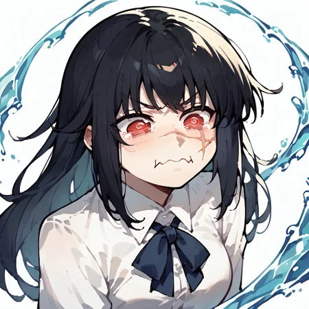 score_9,score_8_up,score_7_up,score_6_up,score_5_up,score_4_up, white background, solo, 1girl, aquacrying, wavy mouth, closed mouth, tearing up, yoru, scar on cheek, cross scar, long hair, black hair, red eyes, ringed eyes, white shirt, neck ribbon, water splash, flying ribbons, face focus,