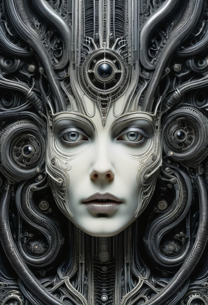 detailxl, high quality,
(black blank background:1.2)
(woman face, looking at viewer, multiple eyes open :1.4),
(mechanical, organs, engine, wires, contraptions), 
(painting illustration by HG Giger:1.8)