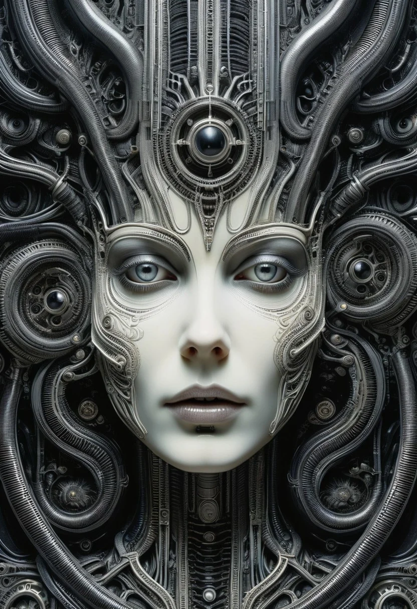 detailxl, high quality,
(black blank background:1.2)
(woman face, looking at viewer, multiple eyes open :1.4),
(mechanical, organs, engine, wires, contraptions),
(painting illustration by HG Giger:1.8)