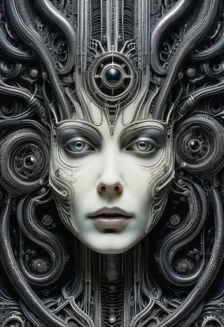 detailxl, high quality,
(black blank background:1.2)
(woman face, looking at viewer, multiple eyes open :1.4),
(mechanical, organs, engine, wires, contraptions),
(painting illustration by HG Giger:1.8)