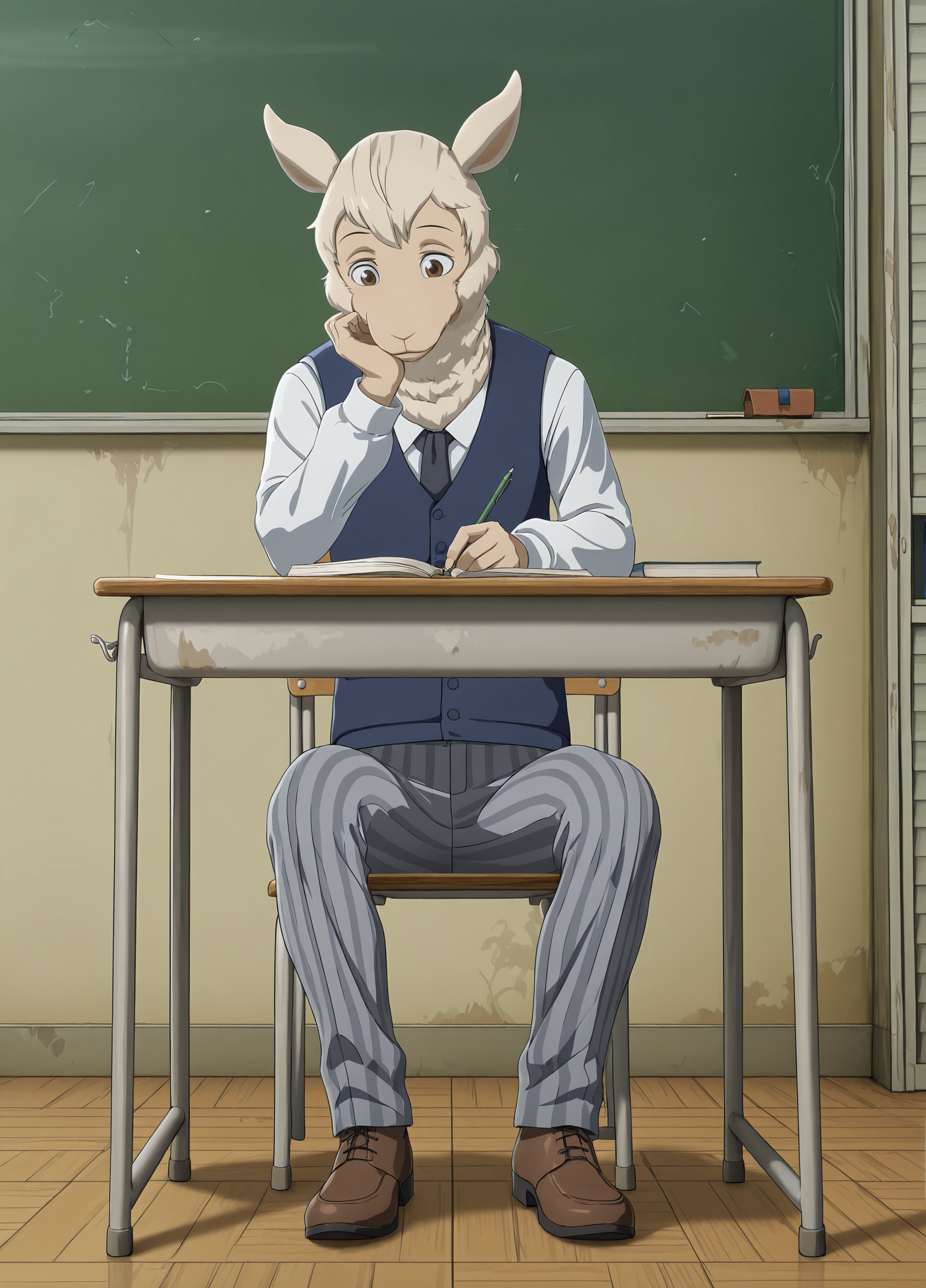 masterpiece, best quality, amazing quality, very aesthetic, absurdres, newest, high quality, detailed, 
BREAK, <lora:Tem_Beastars:1>, male, solo male, Tem, 1boy, mature male, male, anthro, alpaca, animal ears, brown eyes, light skin, white wool, petite,
BREAK, white long sleeve shirt, blue vest, striped grey pants, brown footwear,
BREAK, full body, classroom, sitting, bored, studying, looking down