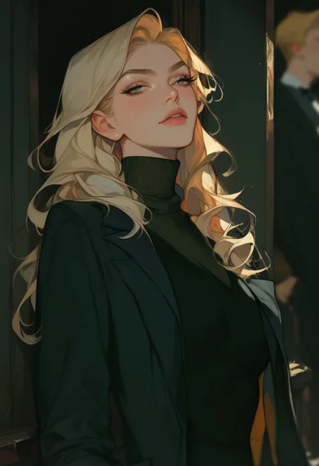 score_9, score_8_up, score_7_up, score_6_up, score_5_up, score_4_up,1girl, turtleneck sweater, black sweater, pale skin, semi-realism, medium breasts, tight clothes, dark narrow corridor, black latex gloves, formal suit, black suits, blonde hair, great artist, 8k, black formal jacket, shadows, cinematic scene, depth of field, long eyelashes, sharp eyebrows, sexy, seductive, Noise effect, old movie effect, old time, black eyeliner, 1980s style, long hair, straight slick hair,