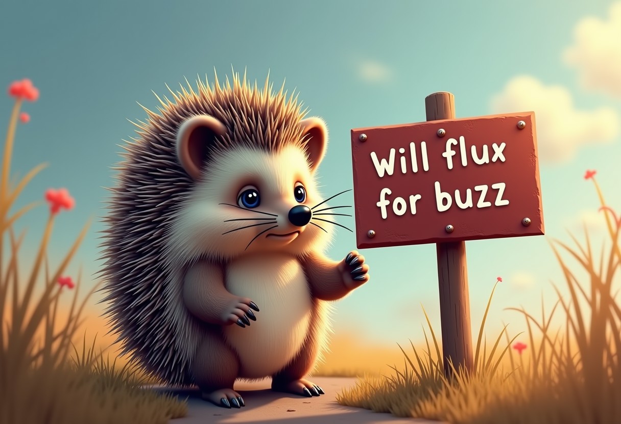Very sad hedgehog holds sign on pole "will flux for buzz", masterpiece, digital art, anthro