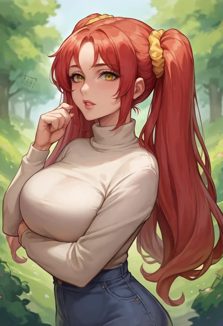 score_9, score_8_up, score_7_up, source_anime BREAK 1girl, solo, <lora:kittew-artist-richy-v1_pdxl:1> standing, looking at viewer, parted lips, red hair, twintails, very long hair, yellow eyes, turtleneck sweater, mature female, hair scrunchie