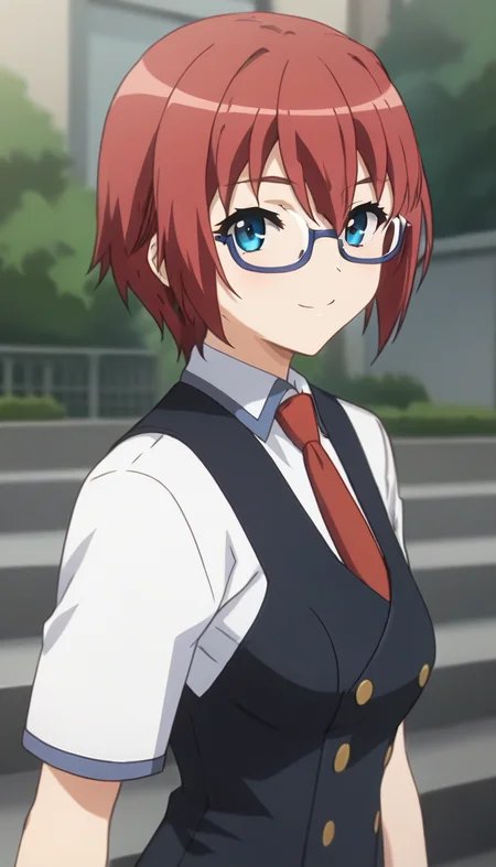 score_9,score_8_up,score_7_up,score_6_up BREAK official art,solo,outdoors,upper body,(portrait:1.5),looking at viewer,facing viewer,smile,blush,Misaki Raika,short hair,red hair,hair between eyes,bangs,blue eyes,semi-rimless_eyewear,school uniform,black vest,red necktie,white shirt,collared shirt,short sleeves,medium breasts,black pants,loafers,<lora:Misaki Raika(rt~ascc)-Pony:1.5>,