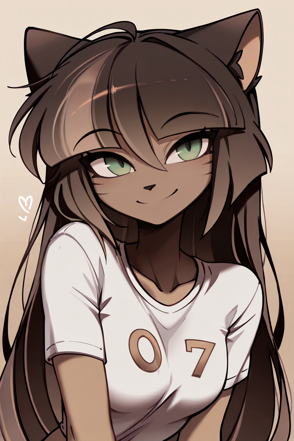 Score_9, score_8_up, score_7_up, masterpiece, best quality, newest, absurdres, highres,kookie, 1girl, solo, dark skin, animal ears, furry, green eyes, smile, whiskers, long hair, furry female,  brown hair, upper body, t-shirt, portrait