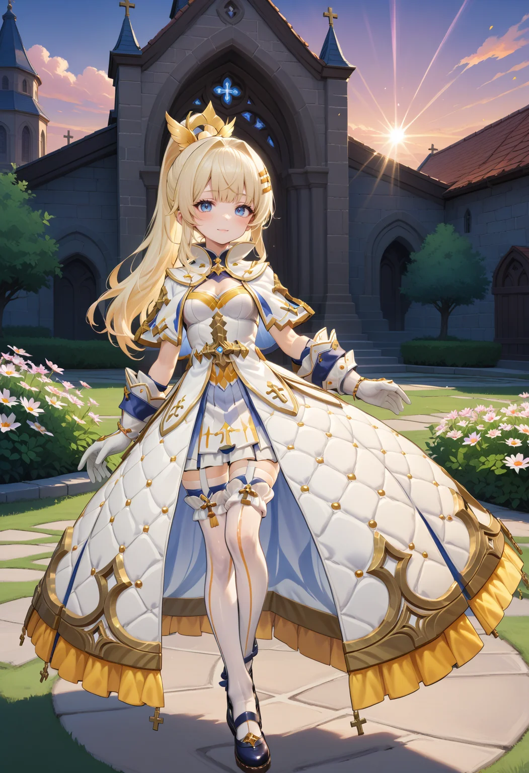 masterpiece, best quality, very aesthetic, absurdres, rom_saint_xl,
1girl, blonde hair, ponytail, hair ornament, blue eyes, light smile,
standing, full body, looking at viewer, outdoors, church, flower field, sunrise, falling petals, light rays, tyndall effect, vivid colors, tranquil and magical atmosphere,
shiny skin, beautiful face, beautiful eyes, extreme detailed, official art, professional illustration, hires,
<lora:rom_saint_pony_xl:1>, <lora:aesthetic_anime_v1s:0.5>, <lora:add_details_xl:0.5>
