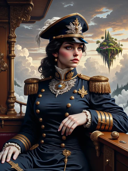 highly detailed and intricate classic victorian era portrait of a beautiful female steampunk admiral, capturing elegance and realism through soft, detailed brushstrokes, blending steampunk with romanticism, adding refined, luxurious textures and a soft, glowing atmosphere, muted colors, on the deck of an opulent airship sailing high above the clouds, the dramatic sky forms a vast backdrop, scattered with soft, painterly clouds, and in the far distance a lush, floating wooded island, ethereal and dreamlike, suspended in mid-air, its verdant greens softened by mist, in the foreground, the airshipâs deck is lined with intricate brass railings polished to a fine gleam, accented by rich, mahogany wood inlays that reflect light, while in the background the soft, billowing clouds stretch across the sky, the distant floating island with delicate foliage and faintly glowing waterfalls adds a fantastical touch, the central figure, a beautiful female admiral with black hair and an admiral's hat, commands attention with an aura of refined grace, her stance calm yet assertive, her uniform is both military and noble, exquisitely adorned with fine embroidery, delicate gold accents, and subtle metallic details, a richly embellished tricorn hat adds a touch of nobility and distinction, her expression is serene and contemplative, her gaze directed beyond the viewer, her eyes reflecting wisdom and strength, her ornate uniform, in shades of navy blue and deep bronze, is embellished with finely crafted silver embroidery and brass buttons, each detail illuminated softly, her hand rests gracefully on the polished brass railing, evoking elegance and control, her posture dignified and slightly angled to reveal the ornateness of her attire, a three-quarter portrait, from the waist up, rendered in a traditional style, the eye-level perspective creates an intimate connection, as if capturing a formal sitting, the floating island covered in lush forest is softly visible over her shoulder in the distance, adding subtle layers of mystique to the composition, gentle, diffused light creates a soft glow across her face and uniform, bathing her features in warm, golden highlights that evoke sunlight on fine silk and polished brass, the light casting a delicate glow onto the brass accents and embroidered details, lending an almost ethereal quality to the scene, the distant floating island is bathed in faint, mystical hues, enhancing the portraitâs romantic allure, oil on canvas, with layered, flowing brushstrokes, capturing the delicate interplay of light and shadow on fabric, metal, and skin, ethereal, mythp0rt, <lora:style-mythic_fantasy-v2-flux-by_velvets:0.76> <lora:style-classic_paint-flux-by_andreac75:0.36> <lora:image_enhancer-flux-by_dever:0.96>