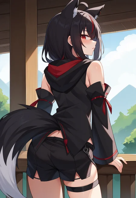 score_9, score_6_up, source_anime BREAK 1girl, solo, kurokami, black hair, black shirt, black shorts, streaked hair, detached sleeves, red eyes, thigh strap, single thighhigh, ahoge, piercing, fox tail, japanese town, from behind, looking back, hood down <lora:shirakami_fubuki_sdxl_pony-4-000009:1>