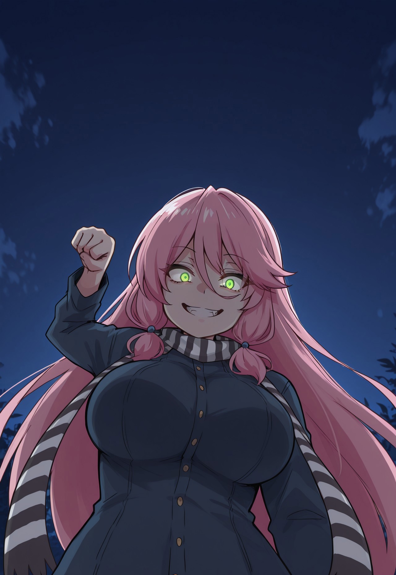 high contrast, masterpiece, best quality, amazing quality, very aesthetic, high resolution, ultra-detailed, absurdres, solo, 1girl, flarecnn,1girl, long hair, hair between eyes,green eyes, pink hair, large breasts, korean girl in a gru scarf punching, looking at viewer, smile, striped, scarf, striped scarf, punching, clenched fist, evil smile, evil grin, straight-on, crazy eyes, from below,foreshortening, dungeon, dark, glowing eyes, night, 