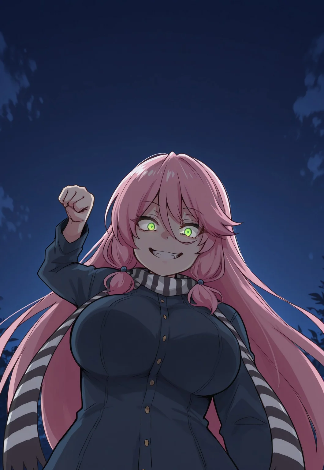 high contrast, masterpiece, best quality, amazing quality, very aesthetic, high resolution, ultra-detailed, absurdres, solo, 1girl, flarecnn,1girl, long hair, hair between eyes,green eyes, pink hair, large breasts, korean girl in a gru scarf punching, looking at viewer, smile, striped, scarf, striped scarf, punching, clenched fist, evil smile, evil grin, straight-on, crazy eyes, from below,foreshortening, dungeon, dark, glowing eyes, night,