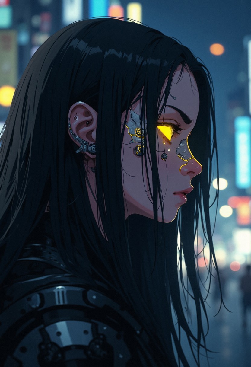 A girl in profile with long black hair, cyberpunk implants in the form of thin lines on her face. A cast shadow is visible across her face. Her eyes glow light yellow, and in the background, blurred lights of a night city can be seen