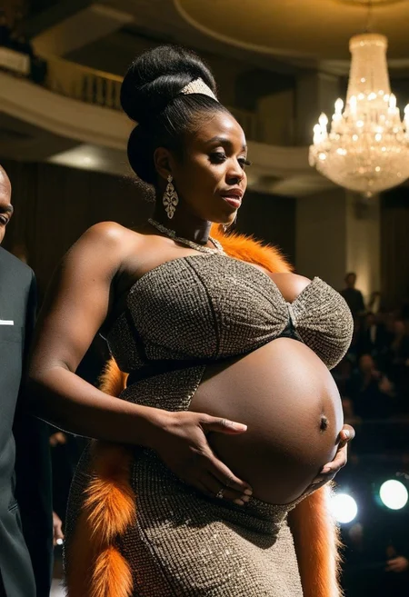 (very elderly 80 yo :1.8) Polaroid picture of a drunk busty voluptuous curvaceous african-american woman, huge breasts,(huge brown aeraolas:1.5), (parading her pregnancy bump ,(action angle((obeying comands))) on stage :2.0)
at a luxury gala event. She is styled in an intricate updo adorned with gemstone hairpins, each sparkling with a unique jewel tone. Her gown is a strapless masterpiece, encrusted with dazzling multicolored gems that shimmer like stardust in the golden ambient lighting of a grand staircase. She wears cascading chandelier earrings, layered diamond necklaces, and a plush burnt-orange faux fur stole draped over her shoulders. In one hand, she elegantly holds a slim metallic clutch, and in the other, a delicate golden cigarette holder. The background features glowing chandeliers, ornate banisters, and a sense of opulence fit for a high-society ball.
, hyperrealism, photorealism, highly detailed, full view, realistic cinematic shot, dynamic lighting, 75mm, Technicolor, Panavision, cinemascope, sharp focus, fine details, 8k, HDR, realism, realistic, key visual, film still, cinematic color grading, depth of fieldcontact test, automatic film strip,kodak gold 800 analog film, ultra wide angle, faded, blurry, pixelated, damaged, high iso, motion blur
