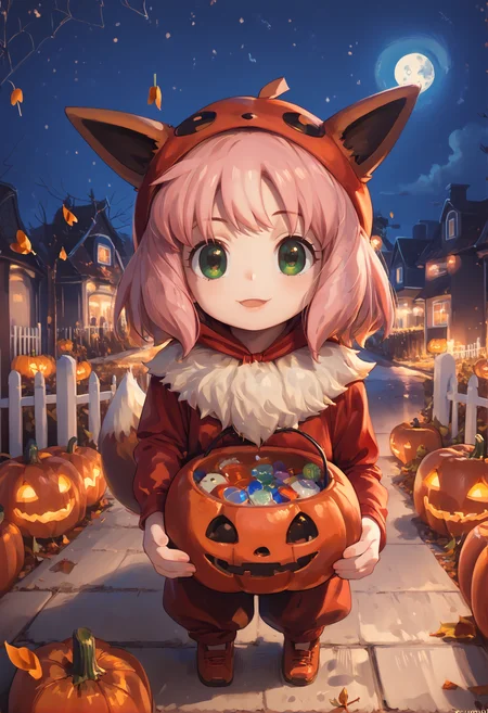 score_9,score_8_up,score_7_up,night,night sky,moon,halloween,cute,1girl,solo,<lora:halloweenpokemonXLP:0.8>,halloween,jack-o'-lantern,autumn leaves,<lora:Trick_or_treat:0.8>,tr1ck0rtr3at,holding,halloween bucket,doorway,street background,<lora:anya-forger-movie-ponyxl-lora-nochekaiser:0.8>,anya forger,anya (spy x family),bangs,green eyes,pink hair,ahoge,child,female child,<lora:eevee-cosplay-ponyxl-lora-nochekaiser:0.8>,eevee cosplay,eevee (cosplay),cosplay,hood,hood up,long sleeves,kigurumi,animal ears,pokemon tail,tail,