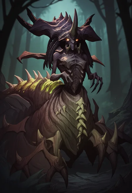 score_9, score_8_up, score_7_up, score_6_up, score_5_up, score_4_up, 1girl, <lora:Zagara:0.85> , horns, no humans, monster, yellow eyes, solo, glowing, glowing eyes, spikes, looking at viewer, full body,
dark forest background, blurry background,