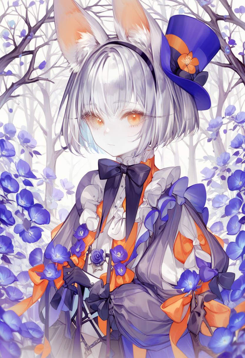 score_9, score_8_up, score_7_up, score_6_up, <lora:yoggiXL_P6_lokr_V43P1:0.95>   solo, animal ears, gloves, flower, 1girl, hat, black gloves, looking at viewer, long sleeves, bow, puffy sleeves, yellow eyes, purple flower, short hair, puffy long sleeves, upper body, hairband, white hair, animal ear fluff, ribbon, blue flower, closed mouth, black bow, grey hair, bare tree, top hat, white background, tree, pale skin, purple headwear, orange eyes, dress, black hairband, frills
