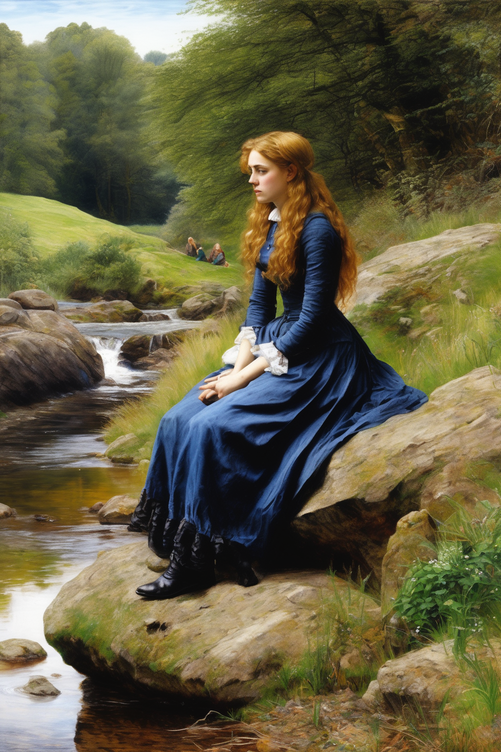 John Everett Millais Style - attractive WOMEN sitting on a rock Looking towards the stream ultra detailed, hyper realistic, camera settings are meticulously chosen extremely high detail super realistic oil painting detailed sketch