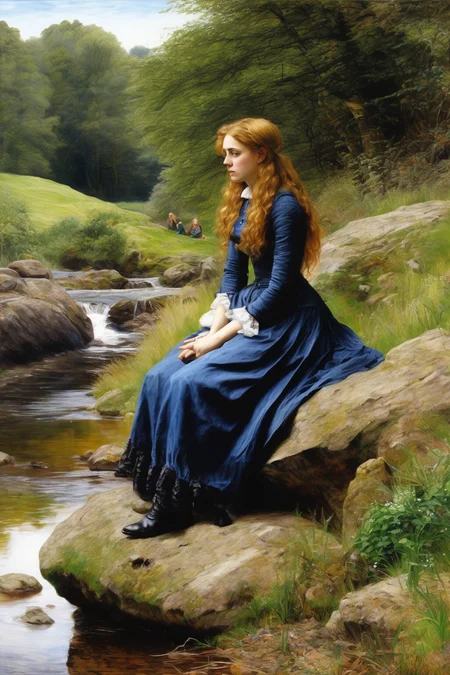 John Everett Millais Style - attractive WOMEN sitting on a rock Looking towards the stream ultra detailed, hyper realistic, camera settings are meticulously chosen extremely high detail super realistic oil painting detailed sketch