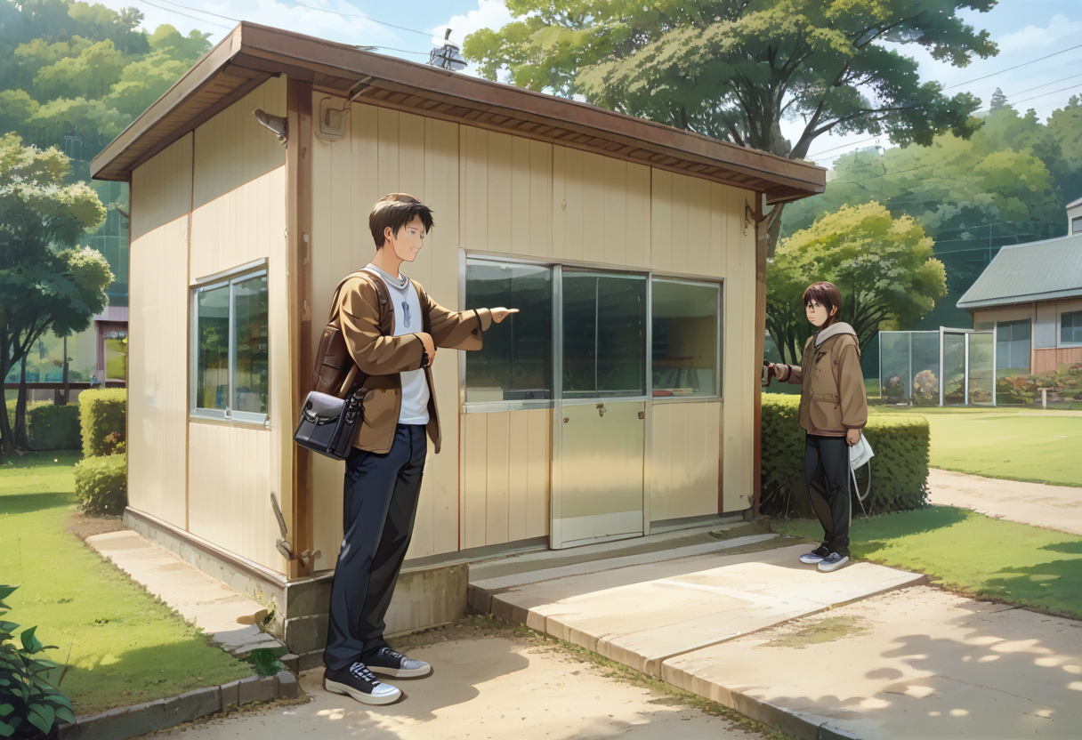 score_9, score_8_up, score_7_up, rating_safe, masterpiece, best quality, absurdres, unity 8k wallpaper, official art, official style, source_anime, uncensored, game cg, megami magazine,
taikusouko, sliding doors, tree, scenery, building, window, pants, sky, day, black pants, 1boy, jacket, power lines, pointing, shoulder bag, wide shot, male focus, brown hair, fence, long sleeves, backpack, standing, shoes, lamppost, brown jacket, short hair, utility pole, exterior, outdoors, 
 <lora:gakkou_taiikusouko_PONY_V1:1>