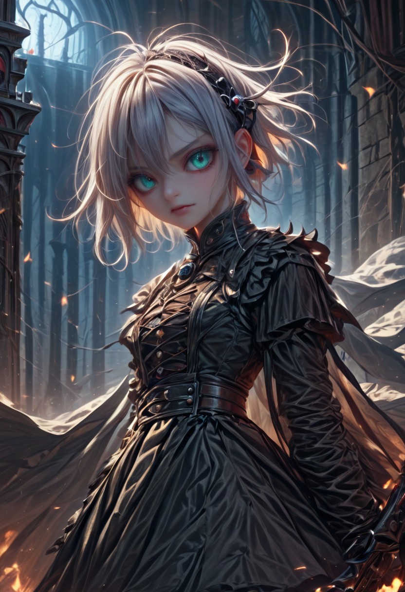 masterpiece, score_9, score_8_up, score_7_up, EasyNegative_v2, (looking at viewer:0.9), score_9, score_8, score_7, score_8_up, score_7_up, score_6_up, high resolution, (((1girl))), solo, short hair, white hair,   aqua eyes, full body, pretty face,  black leather armor, red trim, wielding a leather bullwhip, haunted castle, vampire slayer <lora:Pony_DetailV2.0:3> (best quality:1.1) 8k, sharp focus, anatomically correct, anatomically correct face, extremely detailed eyes, smooth edges, symmetrical eyes, symmetrical face, creepy, gothic,