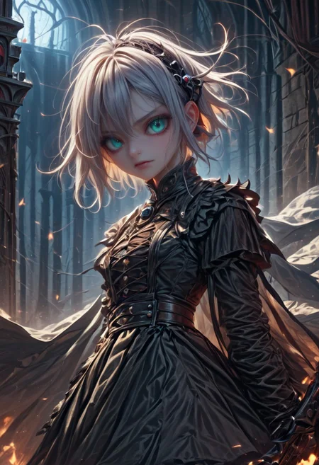 masterpiece, score_9, score_8_up, score_7_up, EasyNegative_v2, (looking at viewer:0.9), score_9, score_8, score_7, score_8_up, score_7_up, score_6_up, high resolution, (((1girl))), solo, short hair, white hair, aqua eyes, full body, pretty face, black leather armor, red trim, wielding a leather bullwhip, haunted castle, vampire slayer <lora:Pony_DetailV2.0:3> (best quality:1.1) 8k, sharp focus, anatomically correct, anatomically correct face, extremely detailed eyes, smooth edges, symmetrical eyes, symmetrical face, creepy, gothic,