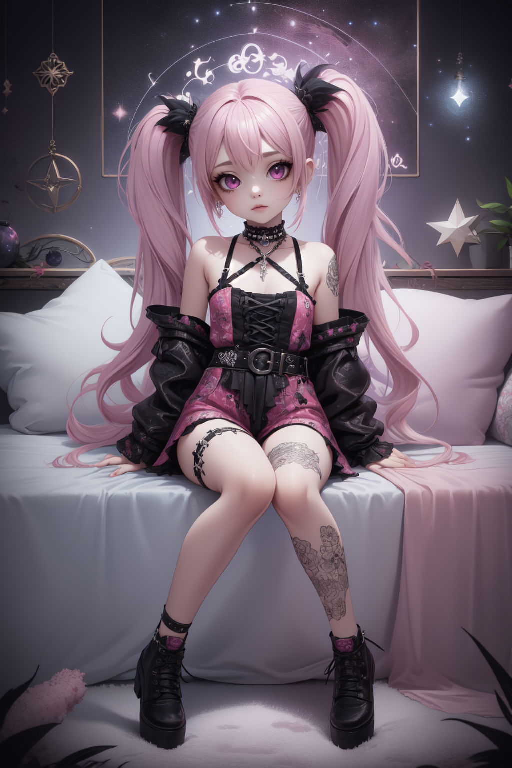 breathtaking full shot, full body, 1girl,  <lora:edgPastelGothFashionv1:0.6> edgPastelGoth, pink outfit, wearing edgPastelGoth <lora:snak3platf0rm:0.4> snak3platf0rm eyeliner5 EyeDetail HairDetail <lora:water-a-e-style-darquelilly-v1:0.7> waterastrologystyle, masterpiece, award-winning, professional, highly detailed