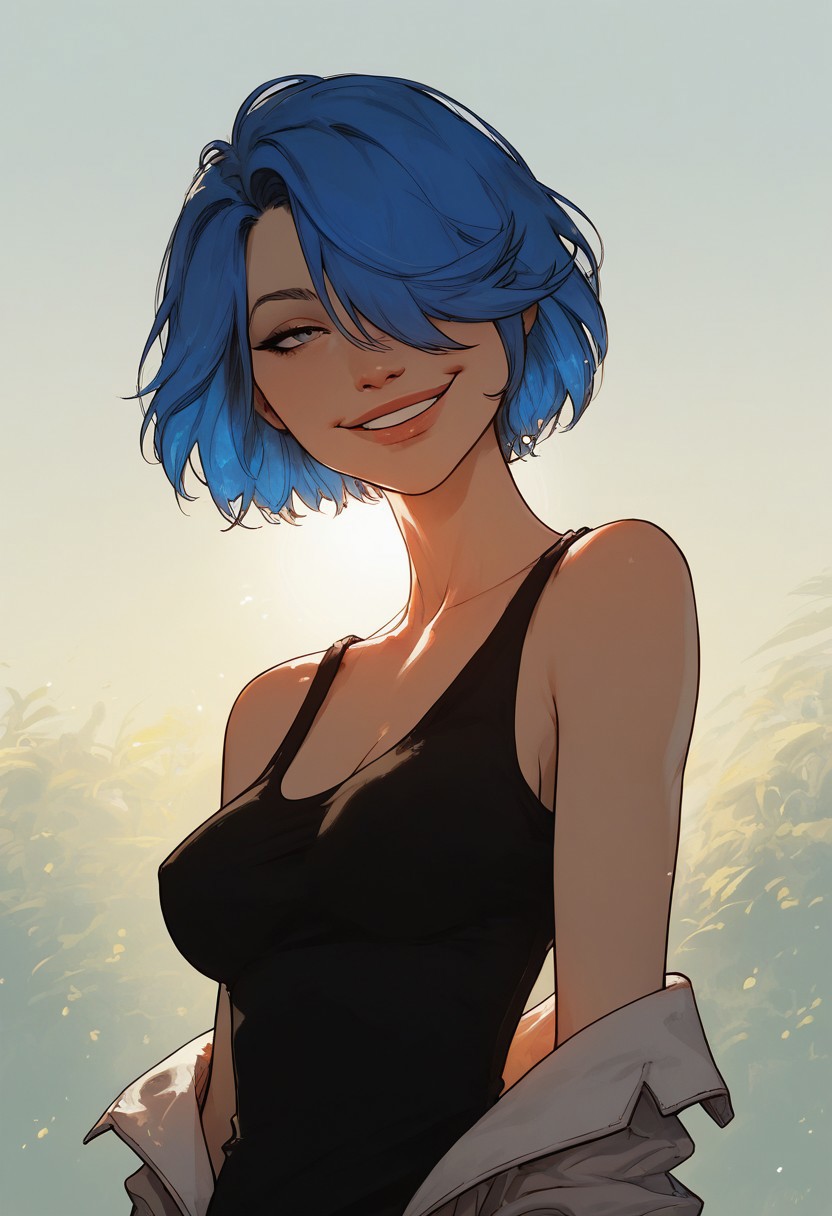 score_9, score_8_up, score_7_up, highly detailed , 
mariek, blue hair, short hair, hair over one eye, 1girl, solo, female focus, smile, black tank top ,
1girl, solo, face focus ,
medium breasts , off shoulder , pulling down top ,
sexy pose , showing off body , seductive expression , horny girl , sensual , touching own shoulders , 
volumetric light, ray tracing, cinematic shadows, backlighting, cinematic lighting , 
Outside, outdoors, 
closeup , close-up , close to viewer , 
Expressiveh , g0thicPXL, Split Lighting style , partially covered in shadow ,