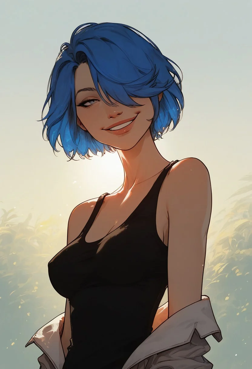 score_9, score_8_up, score_7_up, highly detailed ,
mariek, blue hair, short hair, hair over one eye, 1girl, solo, female focus, smile, black tank top ,
1girl, solo, face focus ,
medium breasts , off shoulder , pulling down top ,
sexy pose , showing off body , seductive expression , horny girl , sensual , touching own shoulders ,
volumetric light, ray tracing, cinematic shadows, backlighting, cinematic lighting ,
Outside, outdoors,
closeup , close-up , close to viewer ,
Expressiveh , g0thicPXL, Split Lighting style , partially covered in shadow ,