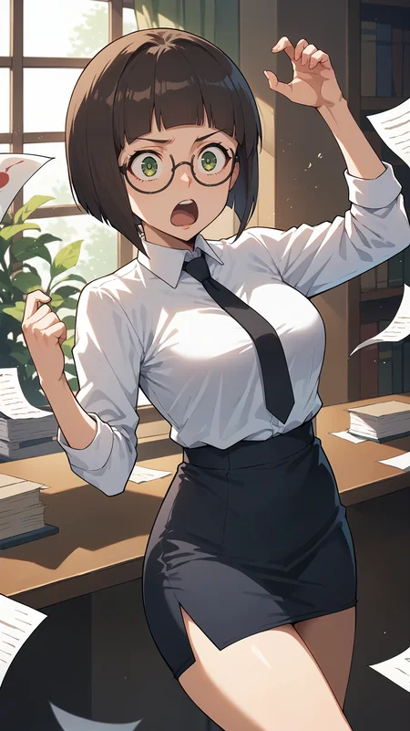 score_9,score_8_up,score_7_up,score_6_up, source_anime, girl, adjusting her collar, dynamic pose, <lora:Chosaka - Pony-000004:0.9>, short hair, dark brown hair, bob cut, green eyes, round glasses, white collared shirt, black necktie, black pencil skirt, office, surprised, flustered, falling papers, stack of papers, solo,