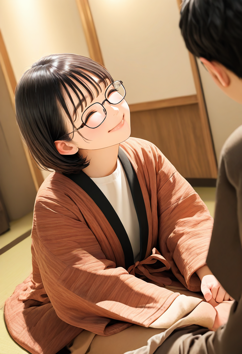 1girl, solo, glasses, black hair, hanten, hanten \(clothes\), closed eyes, short hair, long sleeves, sitting, 
indoors, happy, smile, looking at another, solo focus,
masterpiece, best quality, amazing quality, very aesthetic, absurdres,
 <lora:Clothing_hanten_illustrious_V1L_DIM4:0.8>