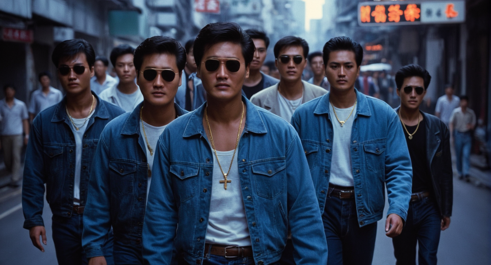 cinematic film still of  <lora:Hong Kong action cinema style:1>
In the 1980's In Hong Kong China a group of different gang men walking down a street,shirt,black hair,jewelry,jacket,male focus,multiple boys,pants,necklace,blurry,headband,facial hair,sunglasses,ring,denim,t-shirt,6+boys,jeans,Asian,cinematic,action-themed,violence,aim,aiming,pointing,Kodak,Film style,movie style,film grain,film contrast,action packed,serious,stunt,Hong Kong action cinema style,Asian,cinematic,action-themed,violence,aim,aiming,pointing,Kodak,Film style,movie style,film grain,film contrast,action packed,serious,stunt,Hong Kong action cinema style, shallow depth of field, vignette, highly detailed, high budget, bokeh, cinemascope, moody, epic, gorgeous, film grain, grainy