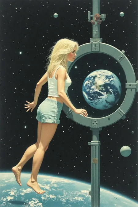 jeanleonhuens1 illustration.
Side profile view of a blonde, floating weightless, space station. She is wearing short shorts, white tank top and barefoot, and looking outside towards earth. She is melancholic, and is thinking of her family back on earth. <lora:jeanleonhuens1_ap_d6a3e12:1.0><lora:844819375916662894:0>