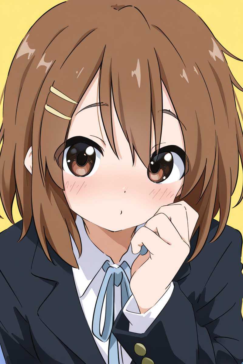 masterpiece, best quality, amazing quality,
 <lora:Cynical_IL:1> cynical, 1girl, sakuragaoka high school uniform, brown hair, solo, winter uniform, school uniform, brown eyes, blue ribbon, hair ornament, hairclip, looking at viewer, jacket, short hair, yellow background, upper body, white shirt, bangs, shirt, ribbon, closed mouth, long sleeves, blush, blazer, neck ribbon, hand up