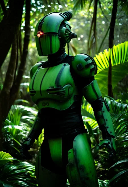 easynegative, extremely detailed, dark, chiaroscuro, low-key, AssaultronCosplay, zavy-strps, a green assaultron robot, ((the assaultron has black stripes painted on its armor)), ((tiger stripes)), in the jungles of vietnam
