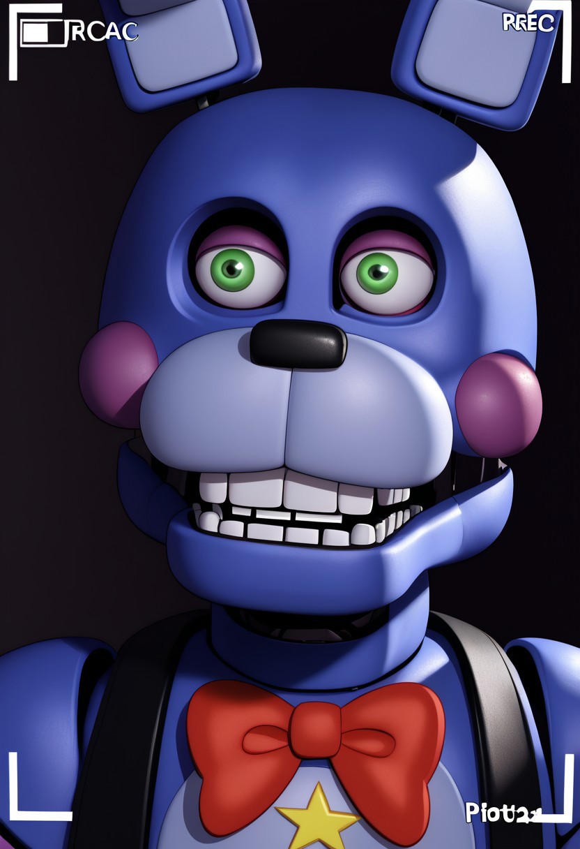 Rockstar Bonnie, Photo down to bust, Staring at camera, camera frame, in darkness, In pitch Black room