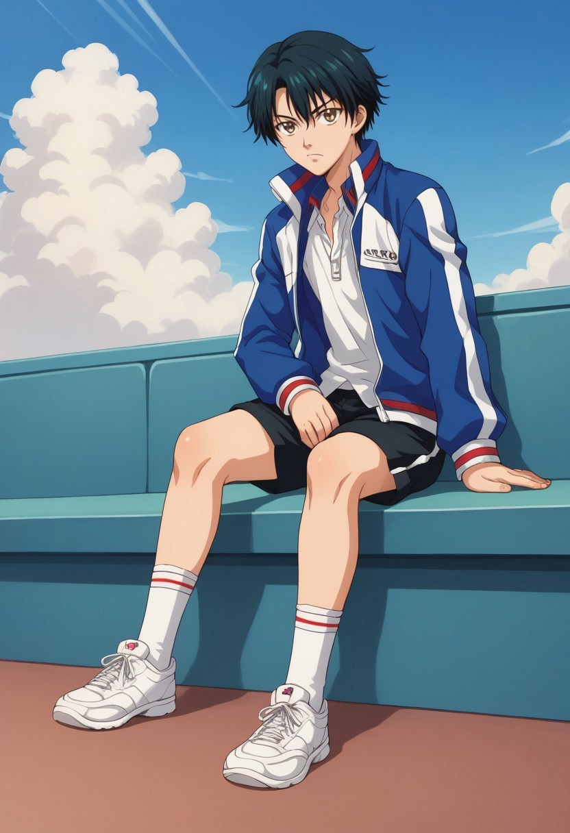 score_9, score_8_up, score_7_up, source_anime, highly detailed, 

echizen, 1boy, male focus, solo, black hair, short hair, brown eyes, sportwear, tennis uniform, shirt, white whirt, jacket, track jacket, open jacket, open clothes, shorts, black shorts, socks, shoes, sneakers, frown

outdoor, sky, cloud, sit,