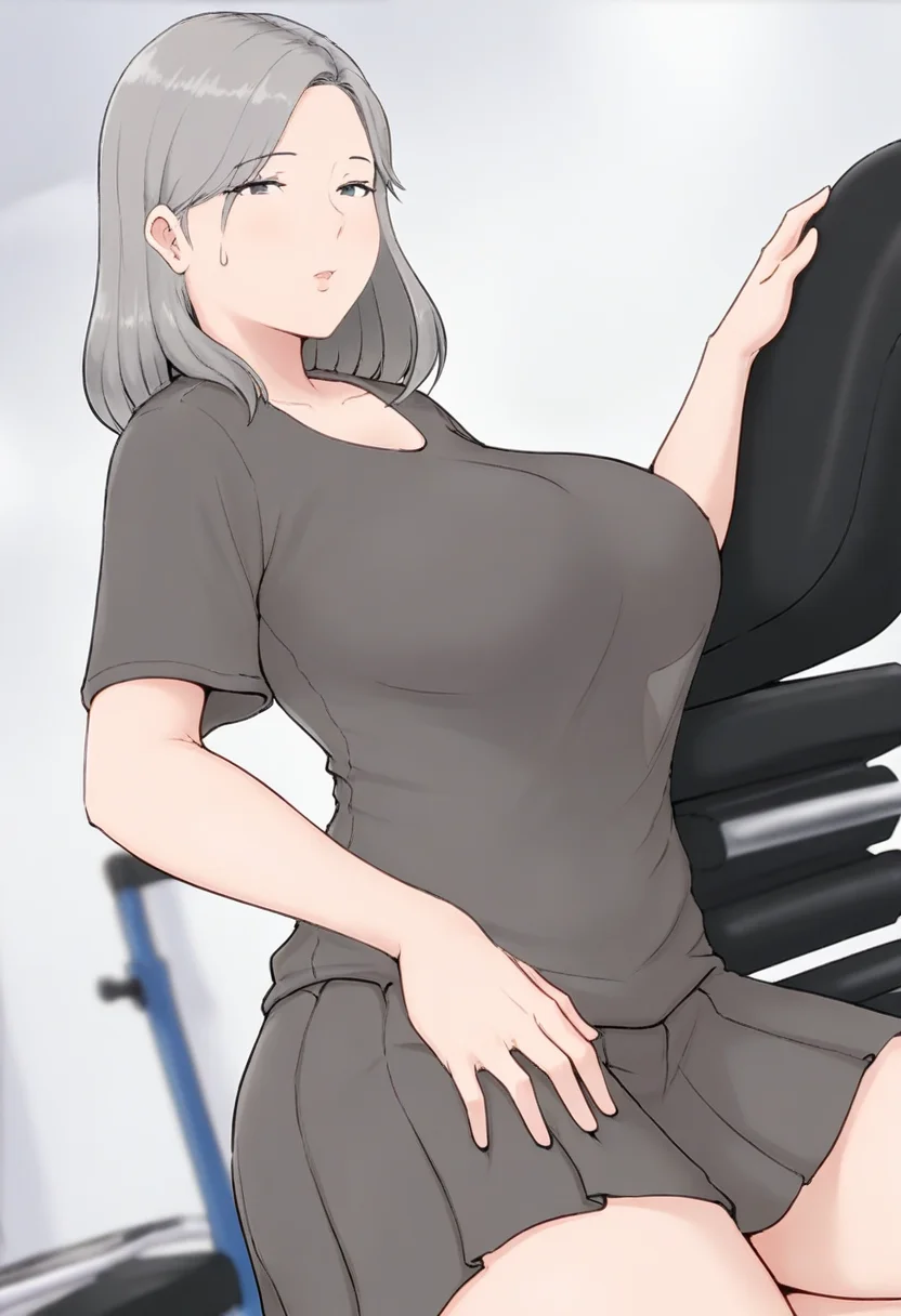 masterpiece, best quality, amazing quality, 1girl, mature_female, solo, large breasts, Kneeling with both hands on thighs, sideways, Cerulean Nightshirt, big hair, French pleat, Gray hair, gym, wide_shot, <lora:Illustrous\horsetail_illu:1.0>