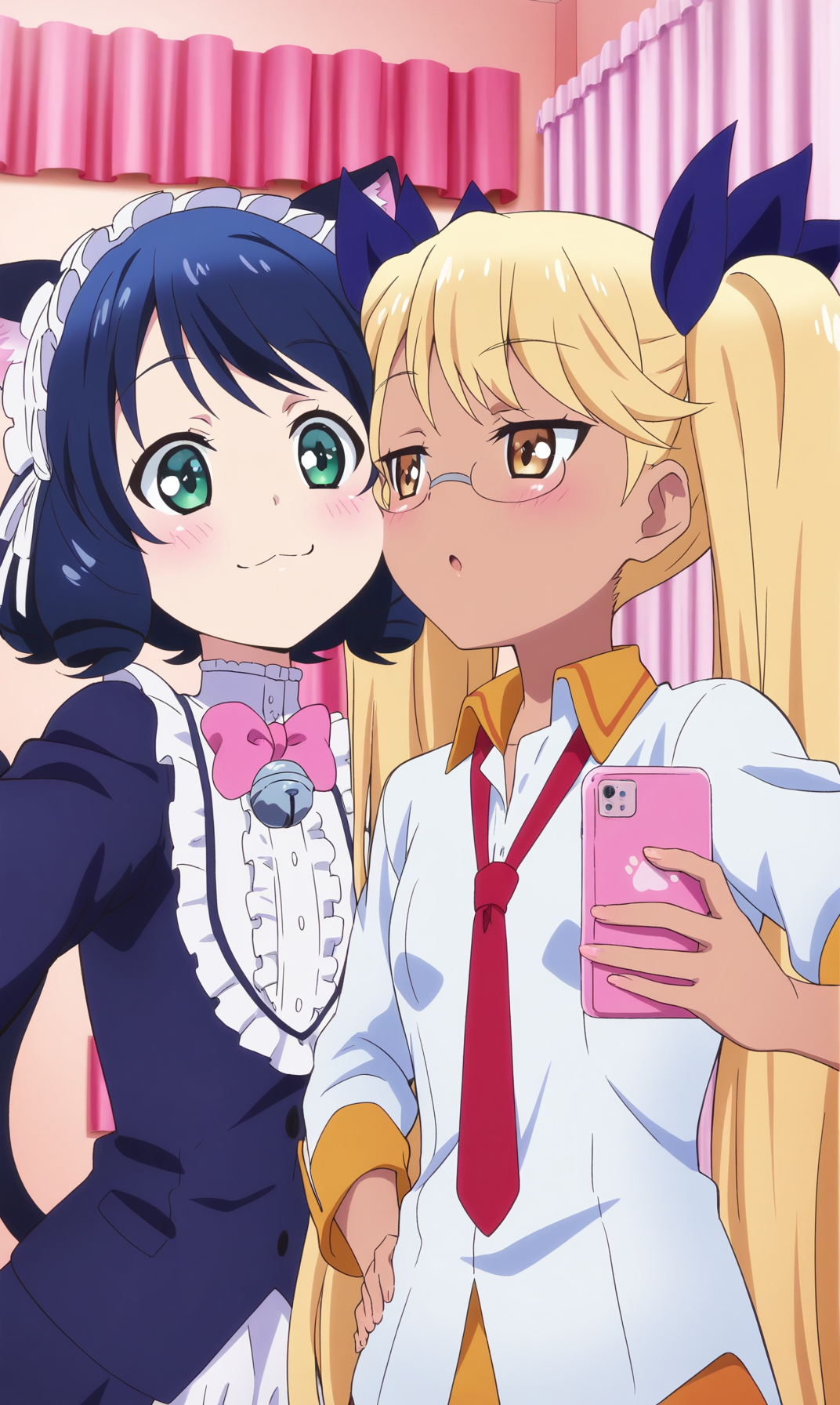 masterpiece, best quality, from below, beautiful eyes, zzzzRetoree, zzCyanHijirikawa, multiple girls, 2girls, animal ears, looking at down, face-to-face, cat ears, blonde hair, selfie angle, necktie, green eyes, cheek-to-cheek, tail, glasses, upper body, cat girl, twintails, bell, long hair, smile, cat tail, dog tail, bow, curly hair, very long hair, ribbon, black hair, hair ribbon, jingle bell, looking at down, :3, hand on hip, smug, red necktie, closed mouth, blue hair, maid headdress, yellow eyes, :o, short hair, bowtie, blush, shirt, curtains, hairband, pink bow, frills, bedroom, cowboy shot, holding phone, upper body, pink background, dark skin, brown eyes, dark-skinned female, rimless eyewear, white shirt, 