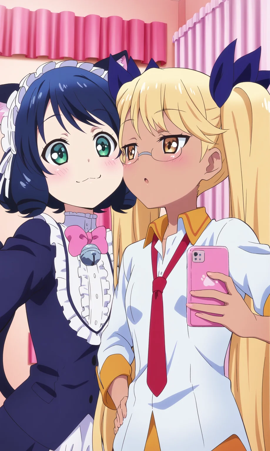 masterpiece, best quality, from below, beautiful eyes, zzzzRetoree, zzCyanHijirikawa, multiple girls, 2girls, animal ears, looking at down, face-to-face, cat ears, blonde hair, selfie angle, necktie, green eyes, cheek-to-cheek, tail, glasses, upper body, cat girl, twintails, bell, long hair, smile, cat tail, dog tail, bow, curly hair, very long hair, ribbon, black hair, hair ribbon, jingle bell, looking at down, :3, hand on hip, smug, red necktie, closed mouth, blue hair, maid headdress, yellow eyes, :o, short hair, bowtie, blush, shirt, curtains, hairband, pink bow, frills, bedroom, cowboy shot, holding phone, upper body, pink background, dark skin, brown eyes, dark-skinned female, rimless eyewear, white shirt, 