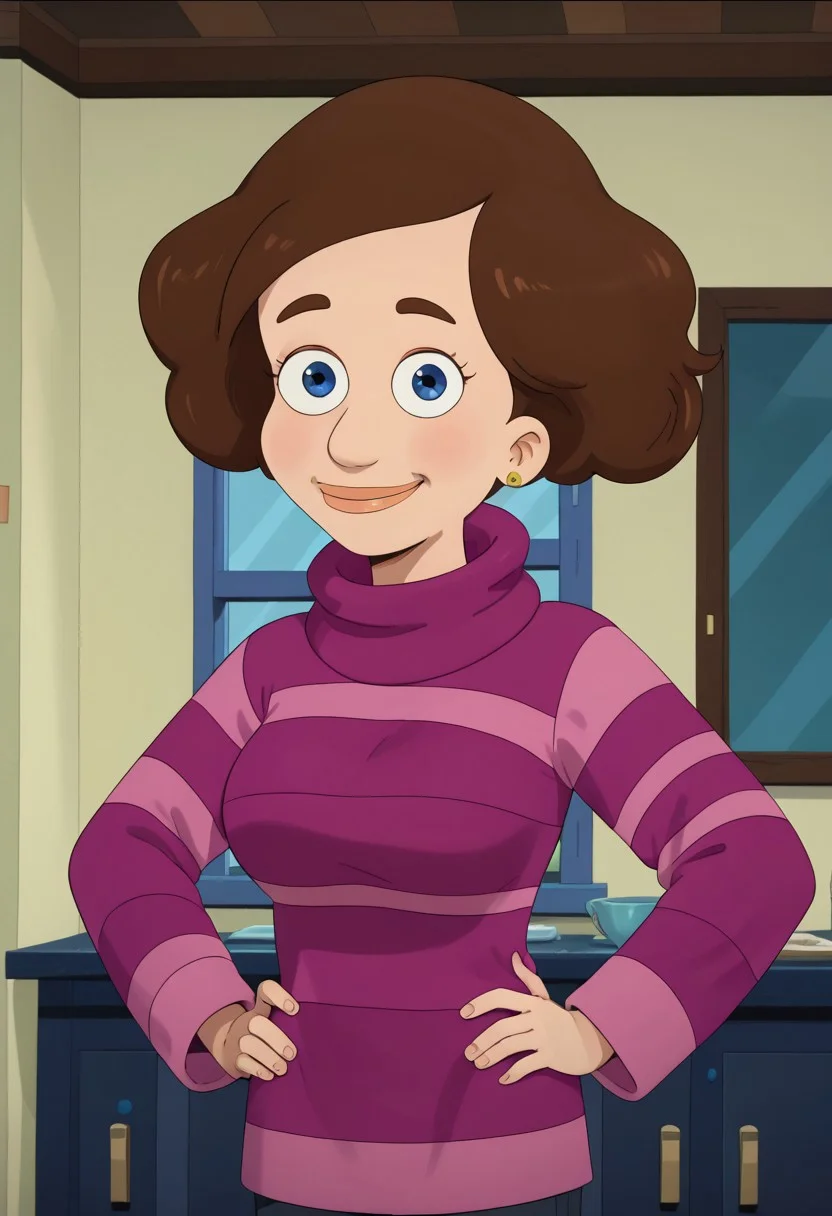 ((room background)),score_9, score_8_up, score_7_up,score_6_up,
1girl, Solo, Bernie_BM, light skin, blue eyes, dark brown eyebrows, voluminous wavy bob cut, short hair, dark brown hair, pink and purple striped turtleneck sweater, navy blue skinny pants, light brown winter boots, big eyes, cute, medium height, social smile, perfect eyes, perfect smile, looking at the viewer, detailed eyes, perfect eyes, standing, big breasts (front pose, bust shot) five fingers, perfect hands, hands on hips